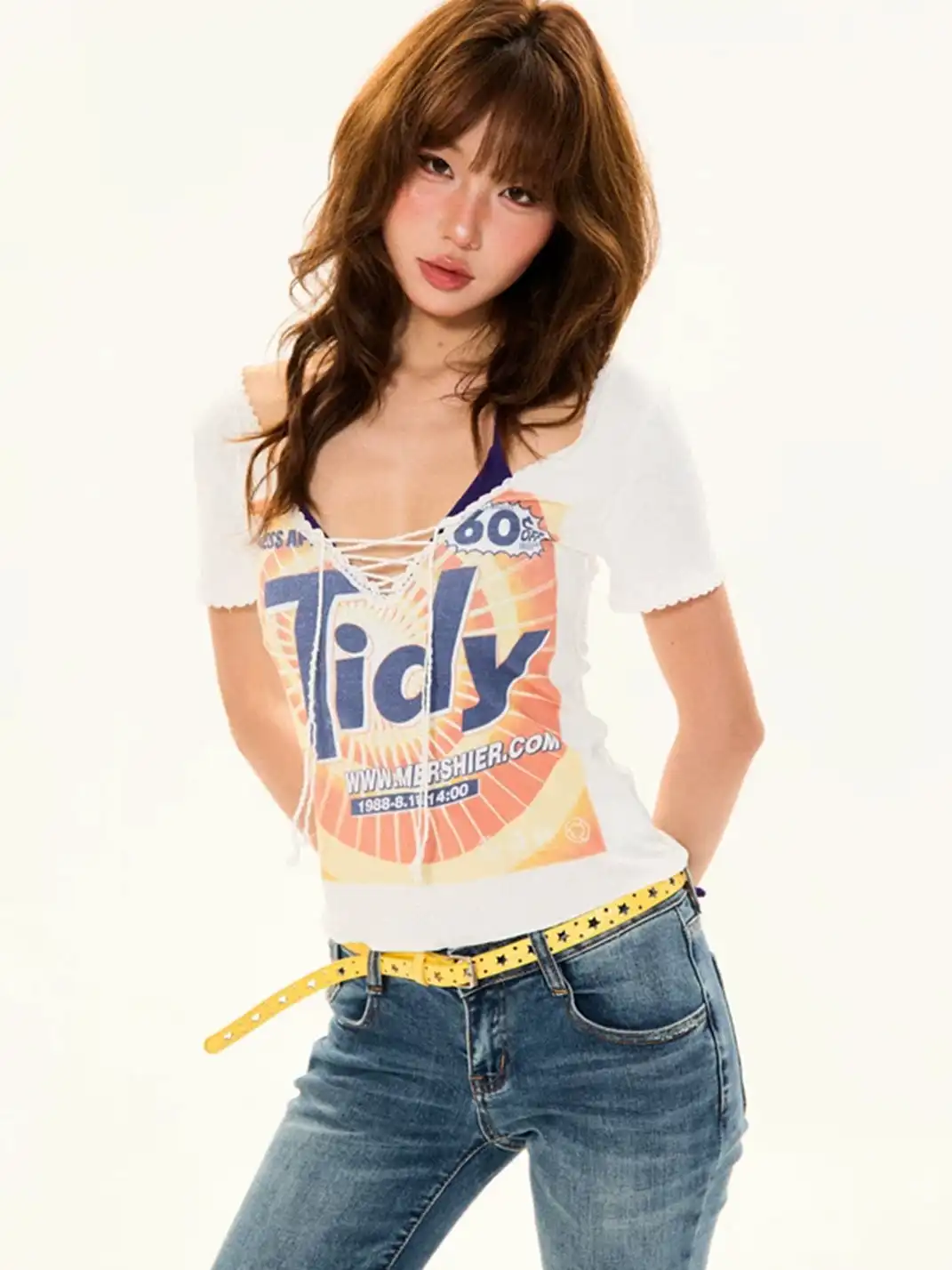 YOUNG STAGE | Letter Print Lace-Up V-Neck T-Shirt