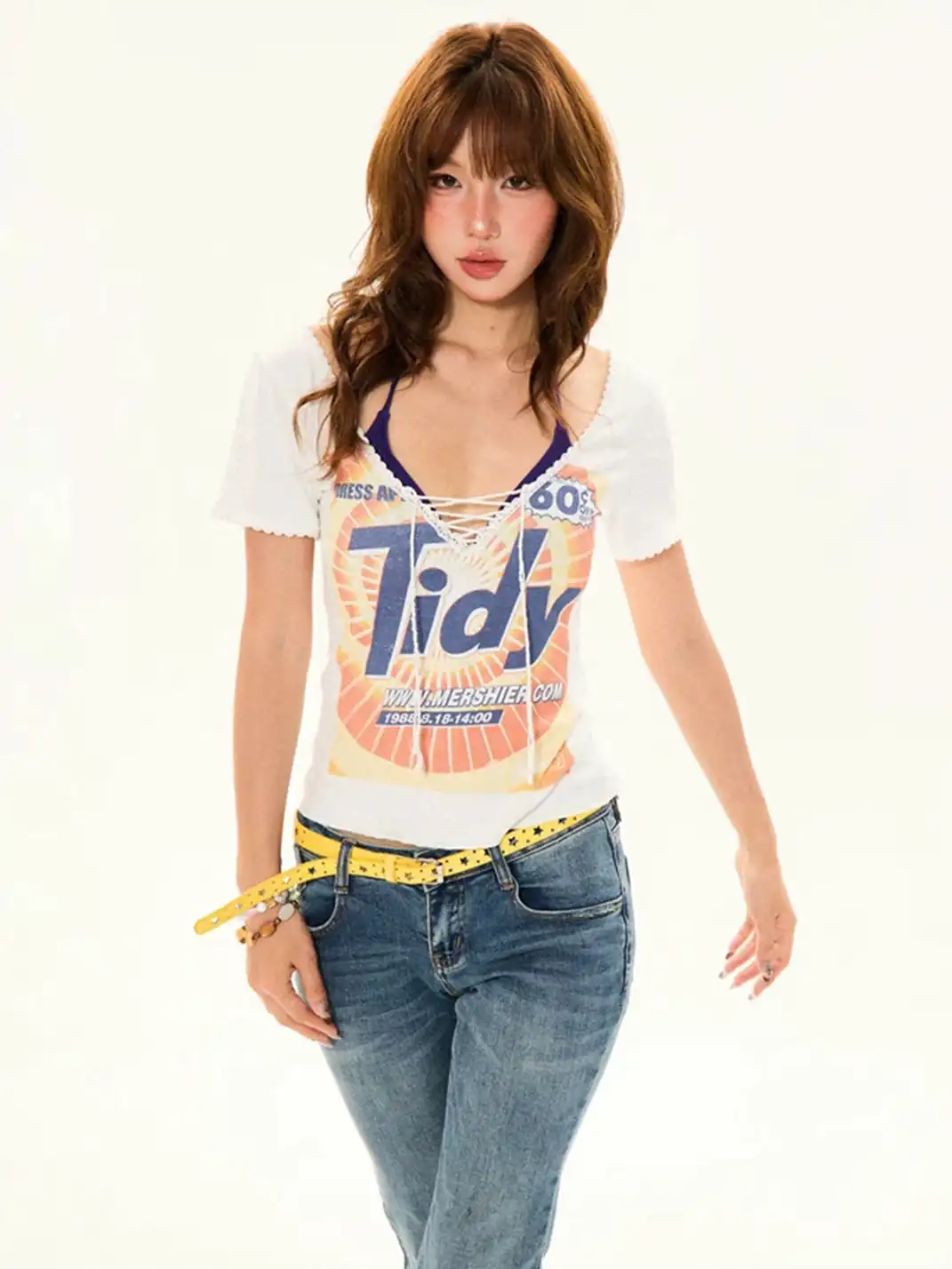 YOUNG STAGE | Letter Print Lace-Up V-Neck T-Shirt
