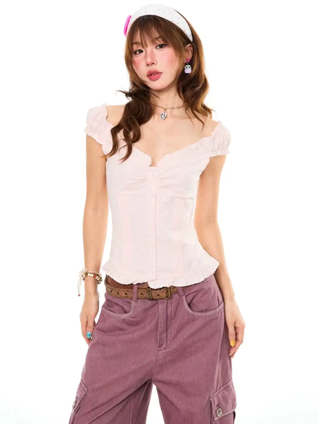 YOUNG STAGE | Ruffled Off-Shoulder V-Neck Short Sleeve Blouse