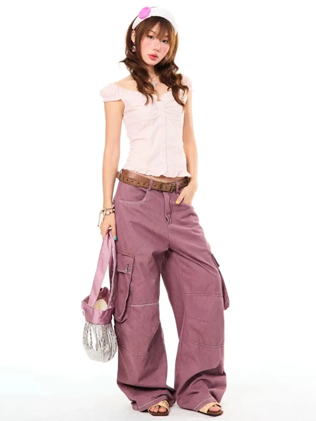 YOUNG STAGE | Ruffled Off-Shoulder V-Neck Short Sleeve Blouse