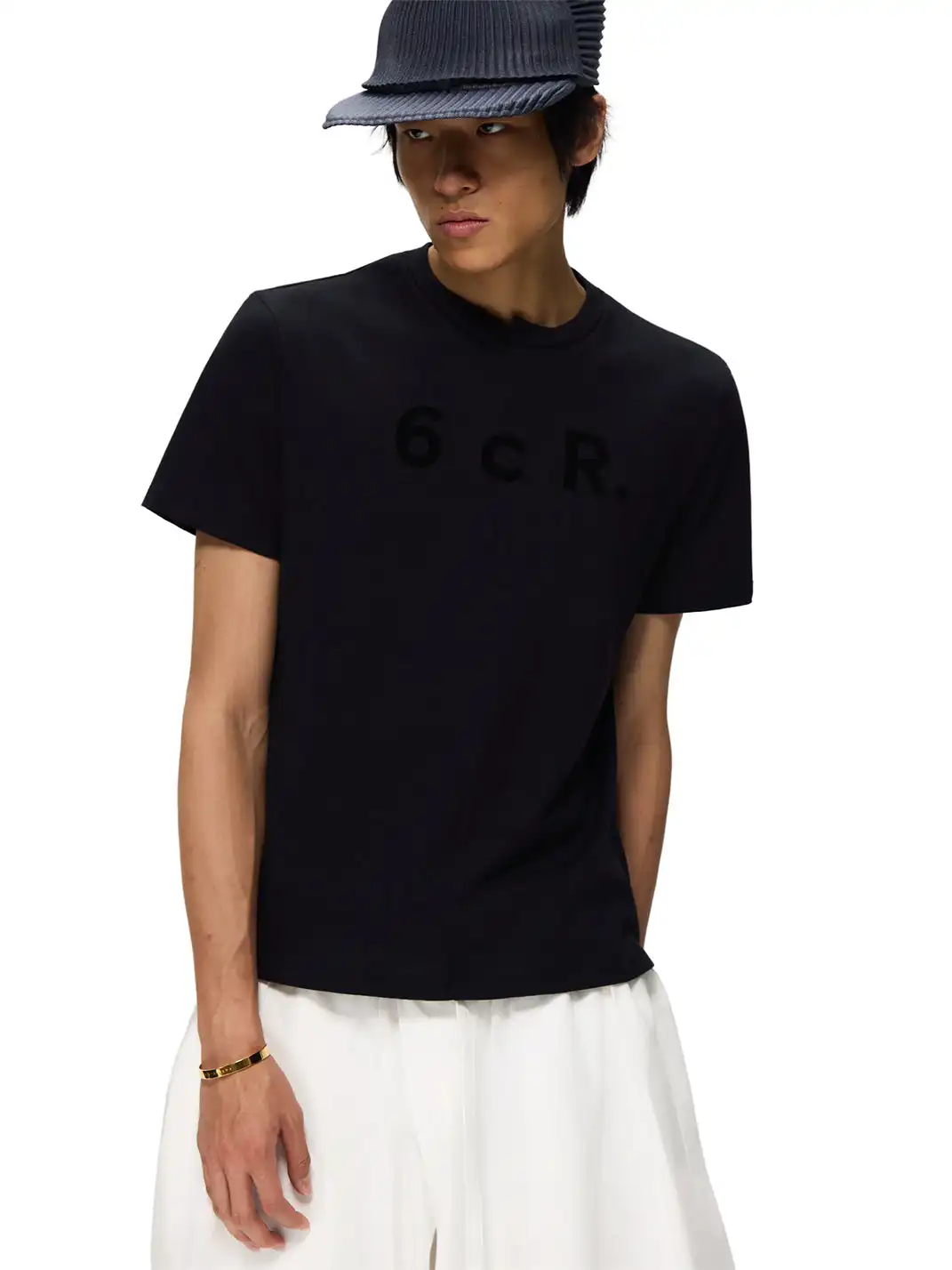 6CRAYON | Staggered Splicing Flocked Print Knit T-Shirt-Black