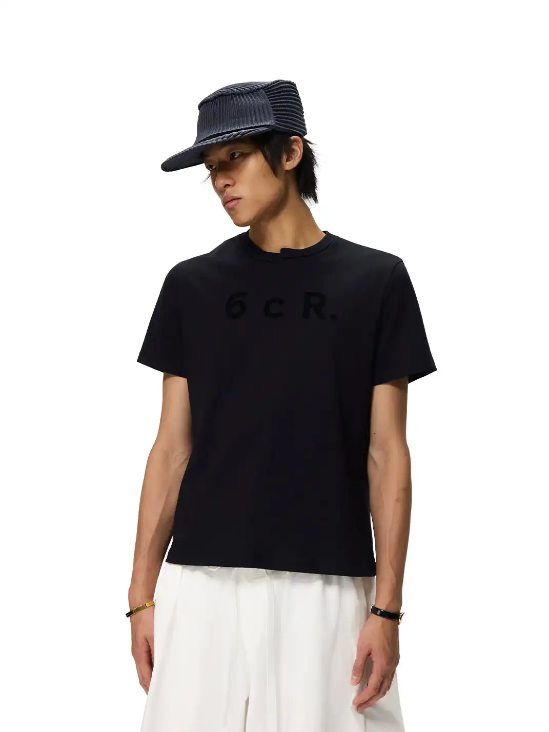 6CRAYON | Staggered Splicing Flocked Print Knit T-Shirt-Black