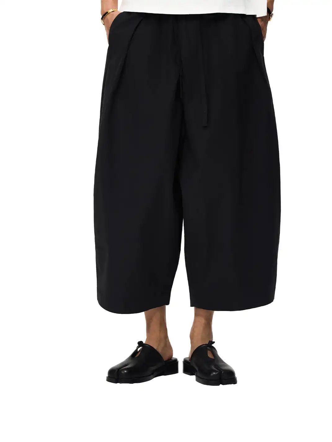 6CRAYON | Drawstring Cuffed Lotus Waist Wide Leg Pants-Black