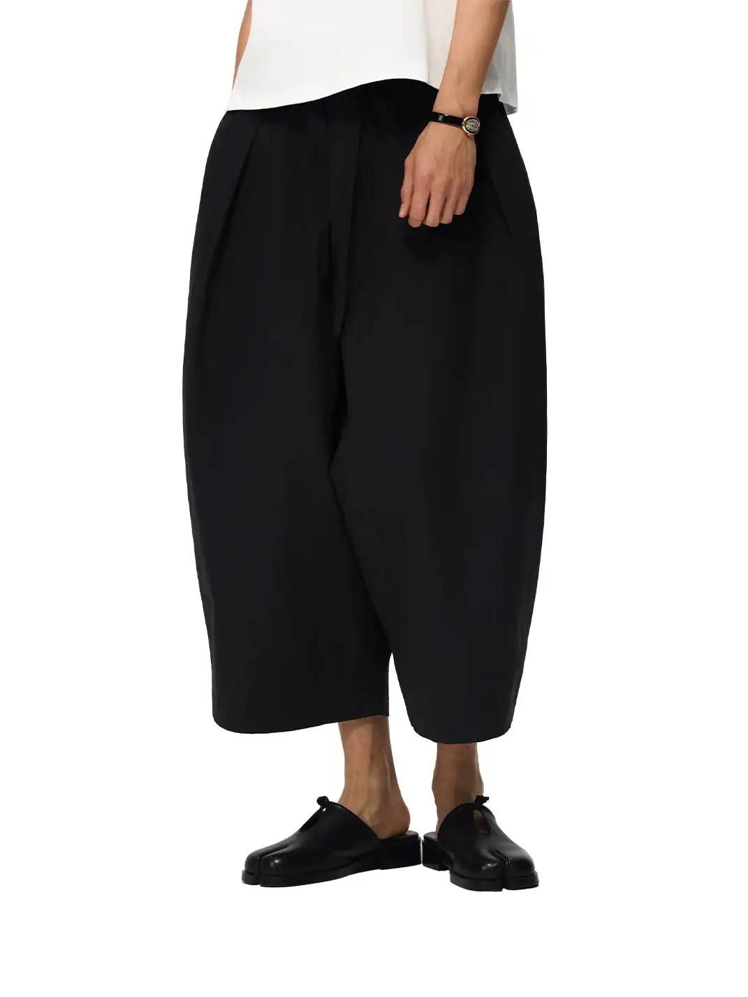 6CRAYON | Drawstring Cuffed Lotus Waist Wide Leg Pants-Black