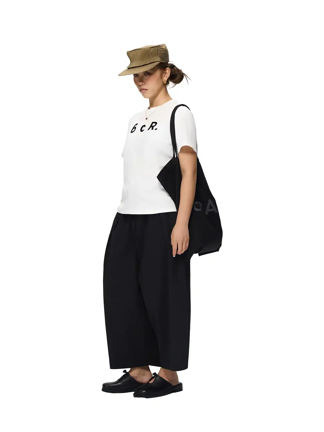 6CRAYON | Drawstring Cuffed Lotus Waist Wide Leg Pants-Black