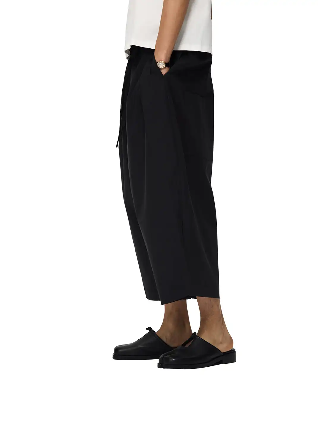 6CRAYON | Drawstring Cuffed Lotus Waist Wide Leg Pants-Black
