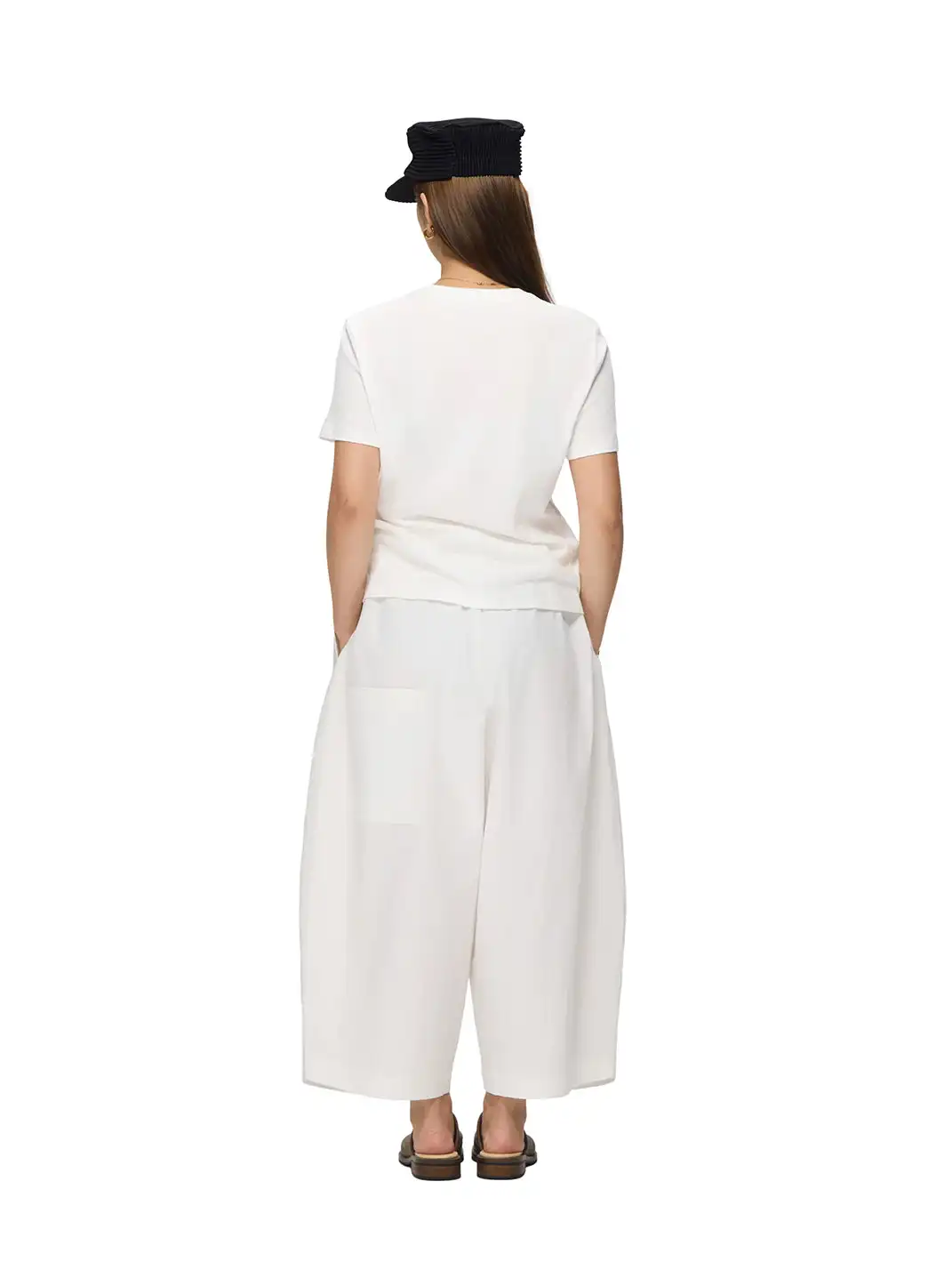 6CRAYON | Drawstring Cuffed Lotus Waist Wide Leg Pants-White