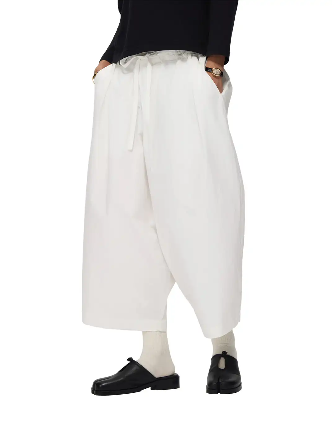 6CRAYON | Drawstring Cuffed Lotus Waist Wide Leg Pants-White