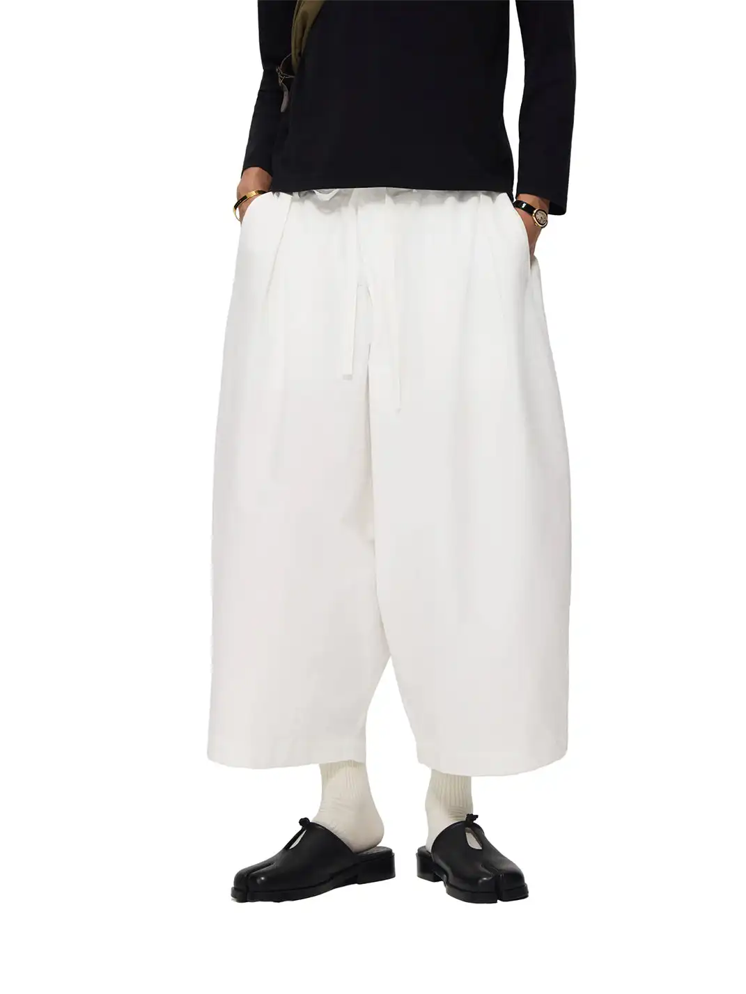 6CRAYON | Drawstring Cuffed Lotus Waist Wide Leg Pants-White