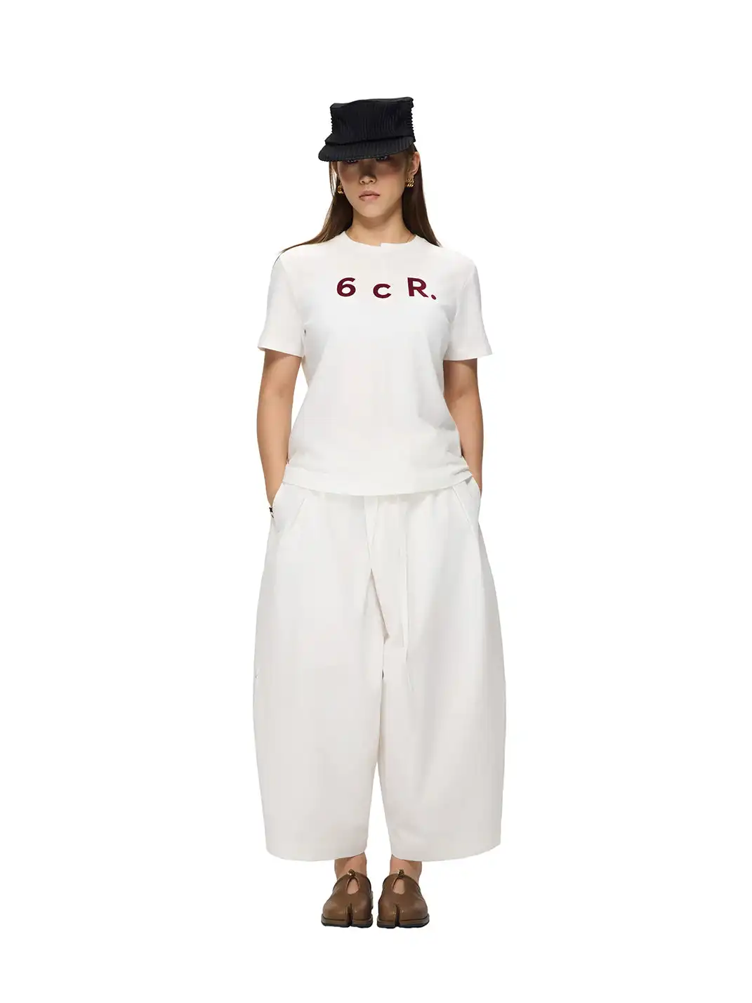 6CRAYON | Drawstring Cuffed Lotus Waist Wide Leg Pants-White