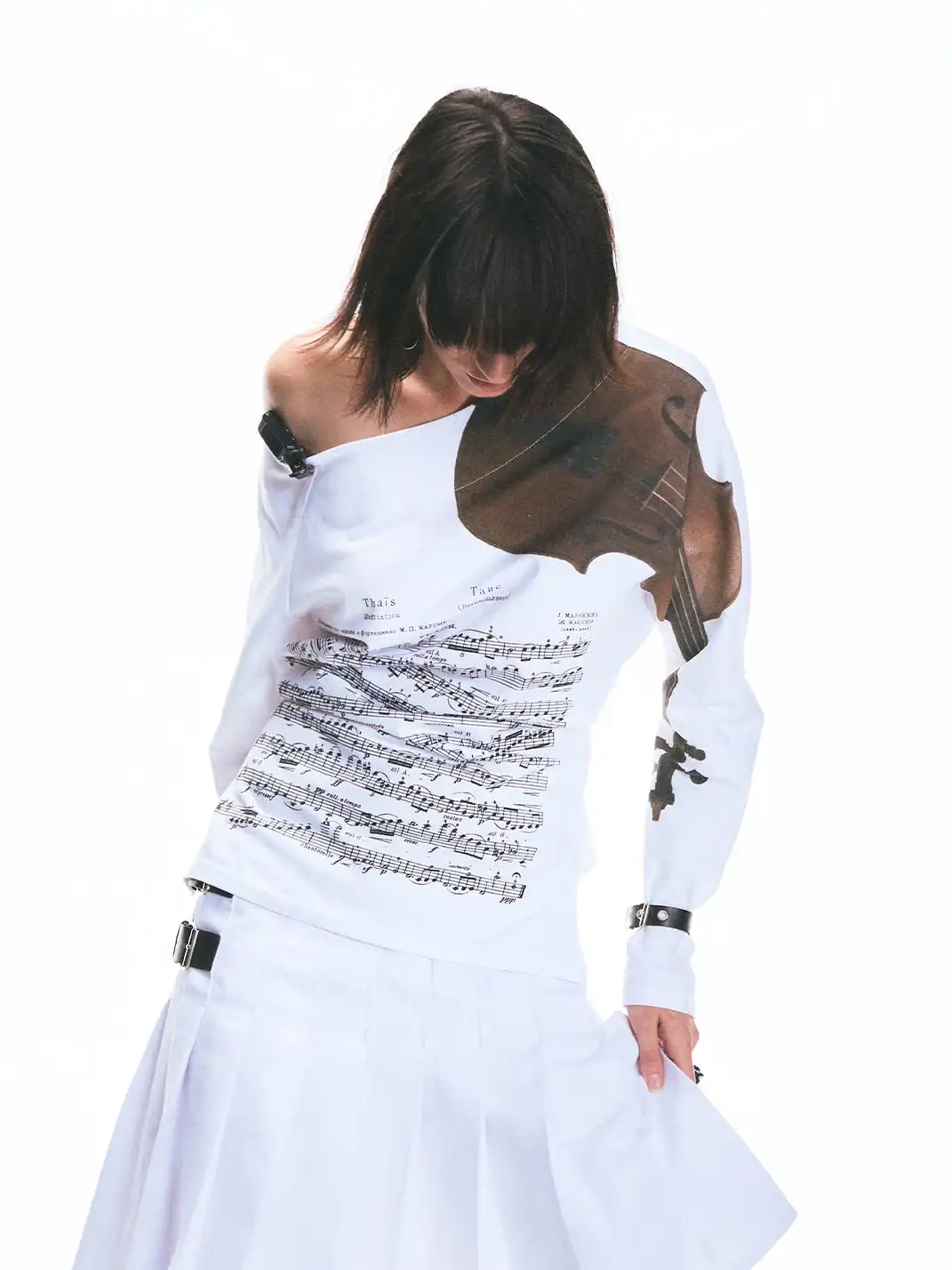 Fruitanari | Music Score Violin Off-Shoulder Long Sleeve T-Shirt