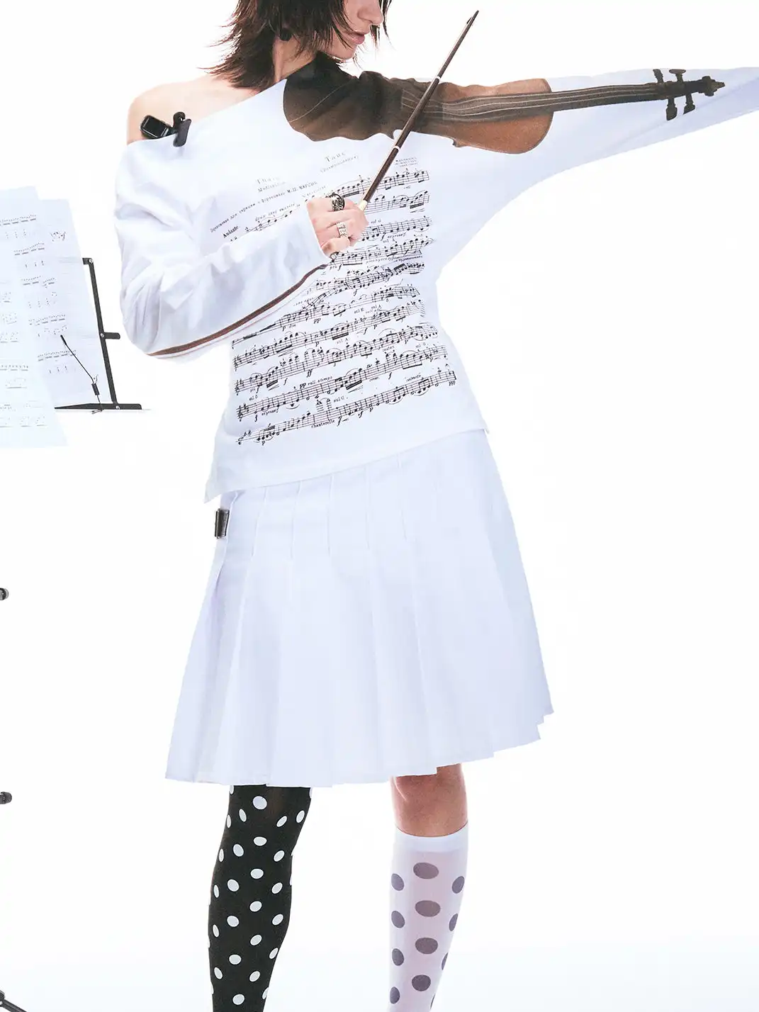 Fruitanari | Music Score Violin Off-Shoulder Long Sleeve T-Shirt