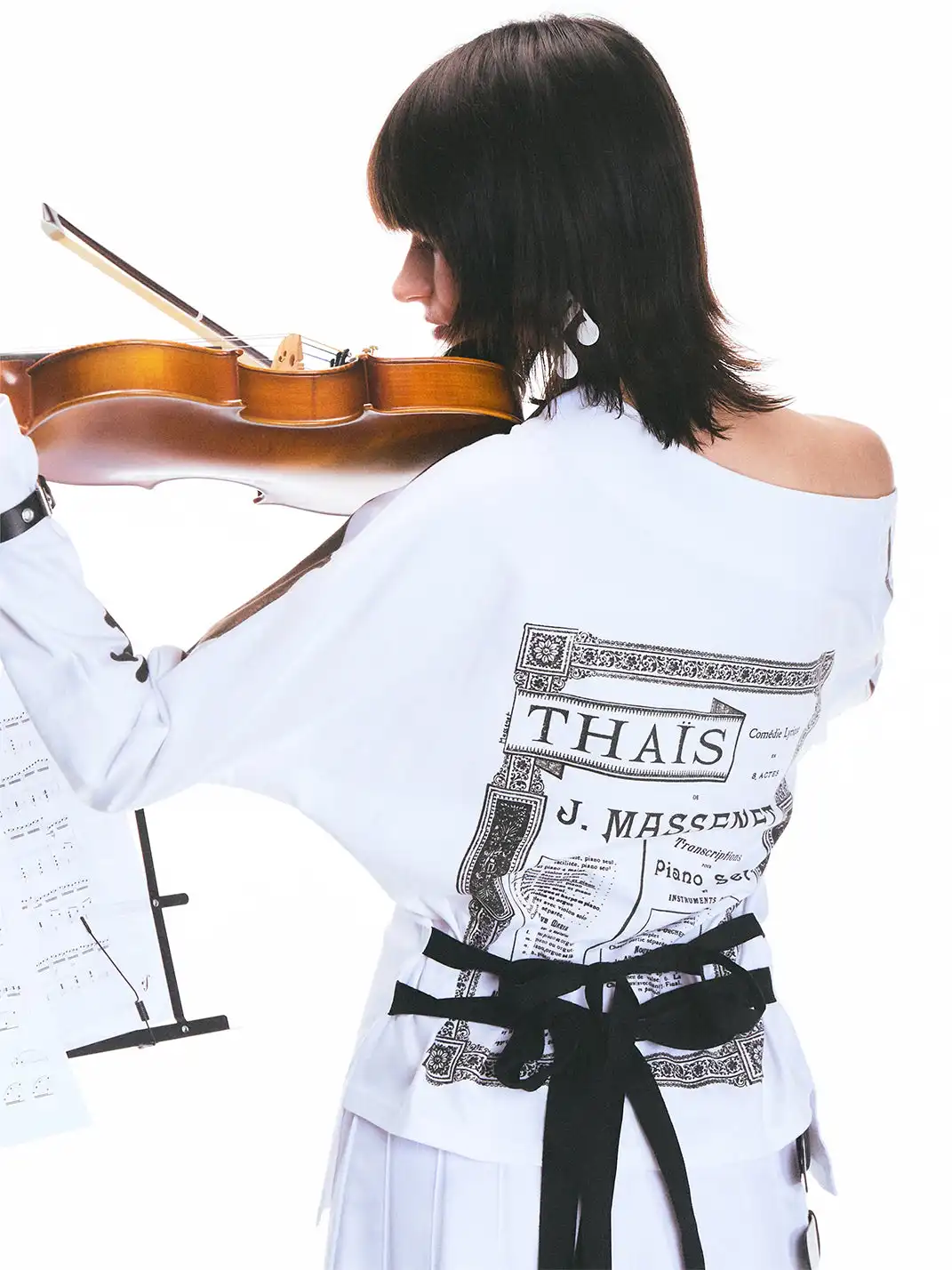 Fruitanari | Music Score Violin Off-Shoulder Long Sleeve T-Shirt