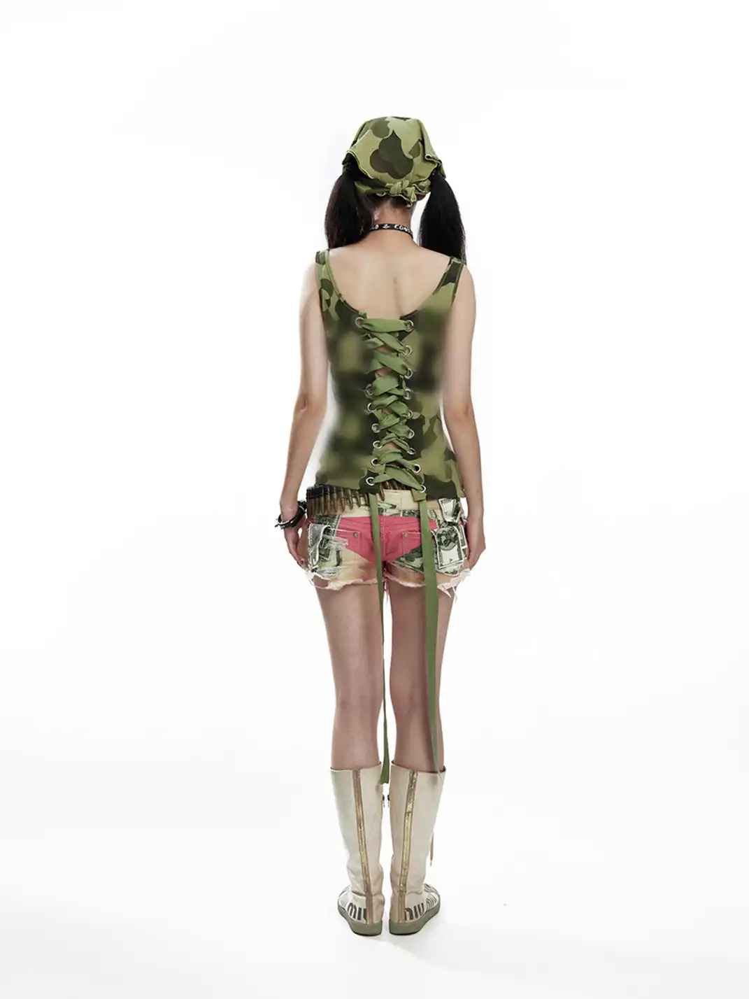 Fruitanari | Camouflage Print Lace-Up Tank Top