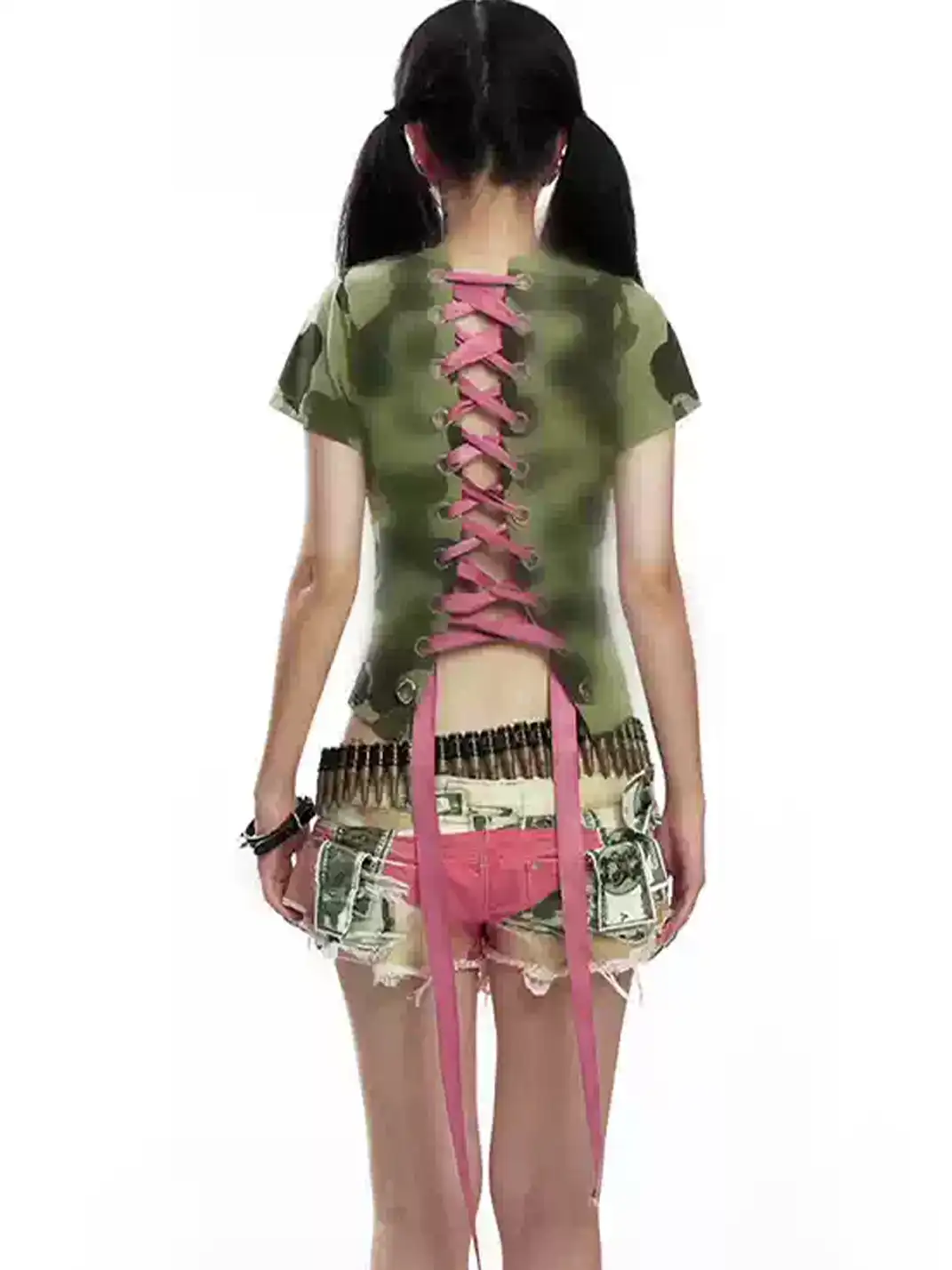 Fruitanari | Camouflage Print Hollow Embroidery Lace-Up T-Shirt