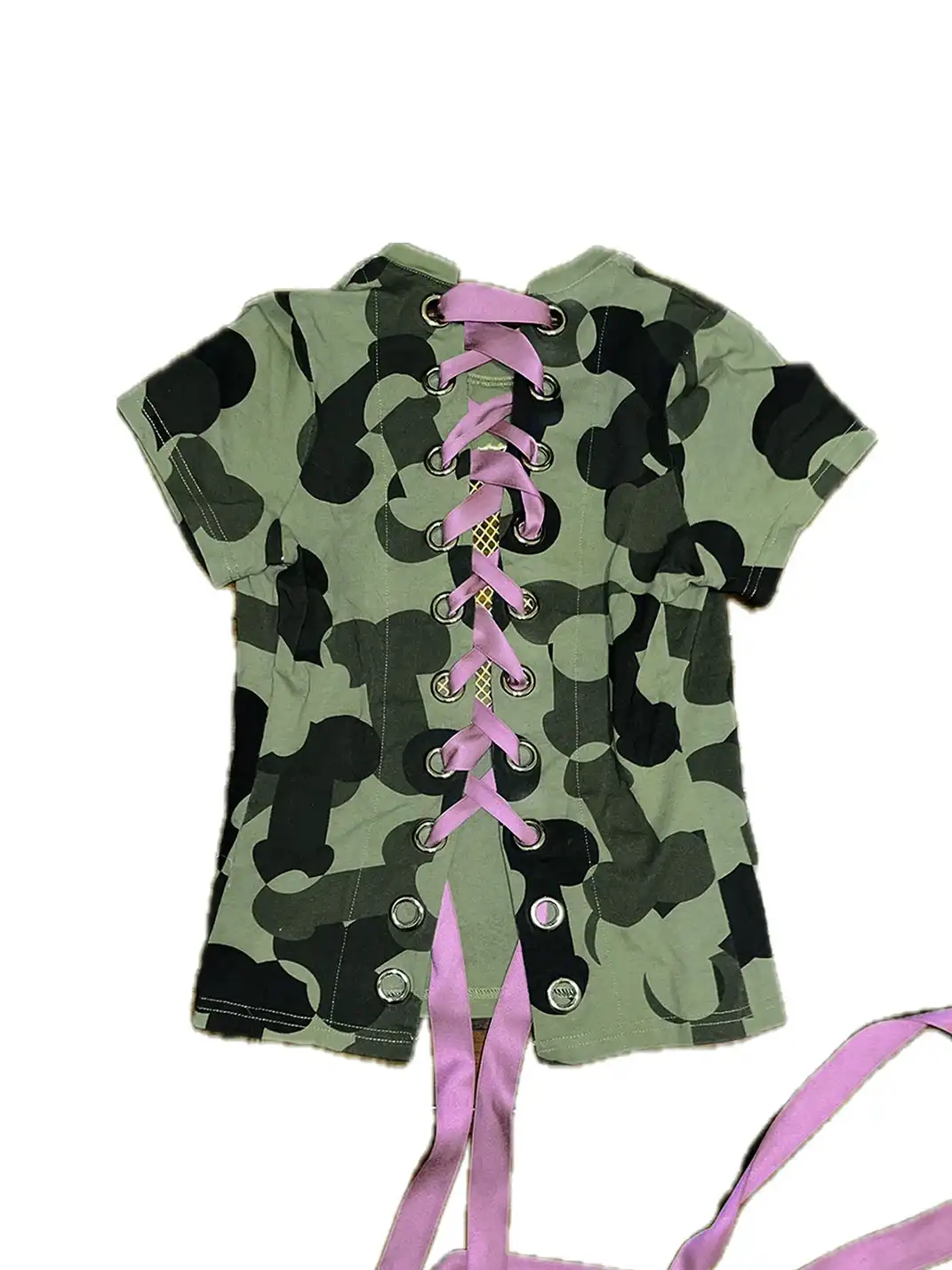 Fruitanari | Camouflage Print Hollow Embroidery Lace-Up T-Shirt