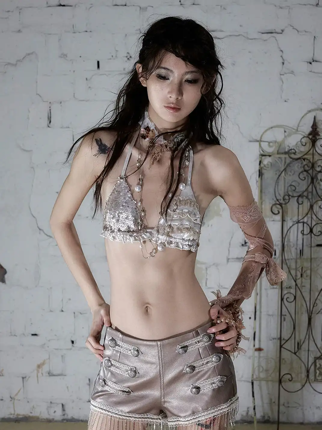 NO ROMANCE | Asymmetric Sequin Lace Satin Bikini Lingerie