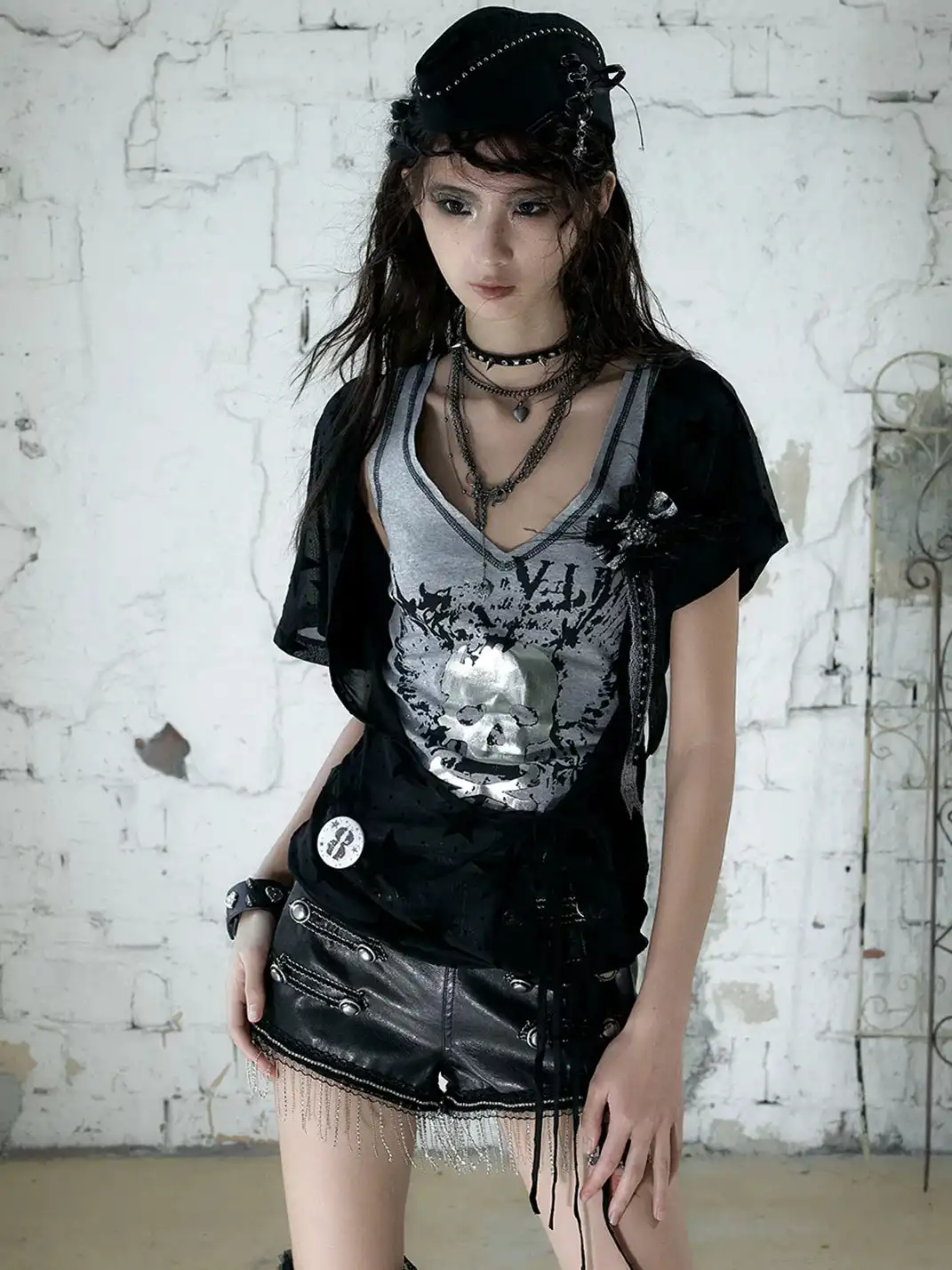 NO ROMANCE | Punk Fake Two-Piece Asymmetric Sleeve Printed T-Shirt