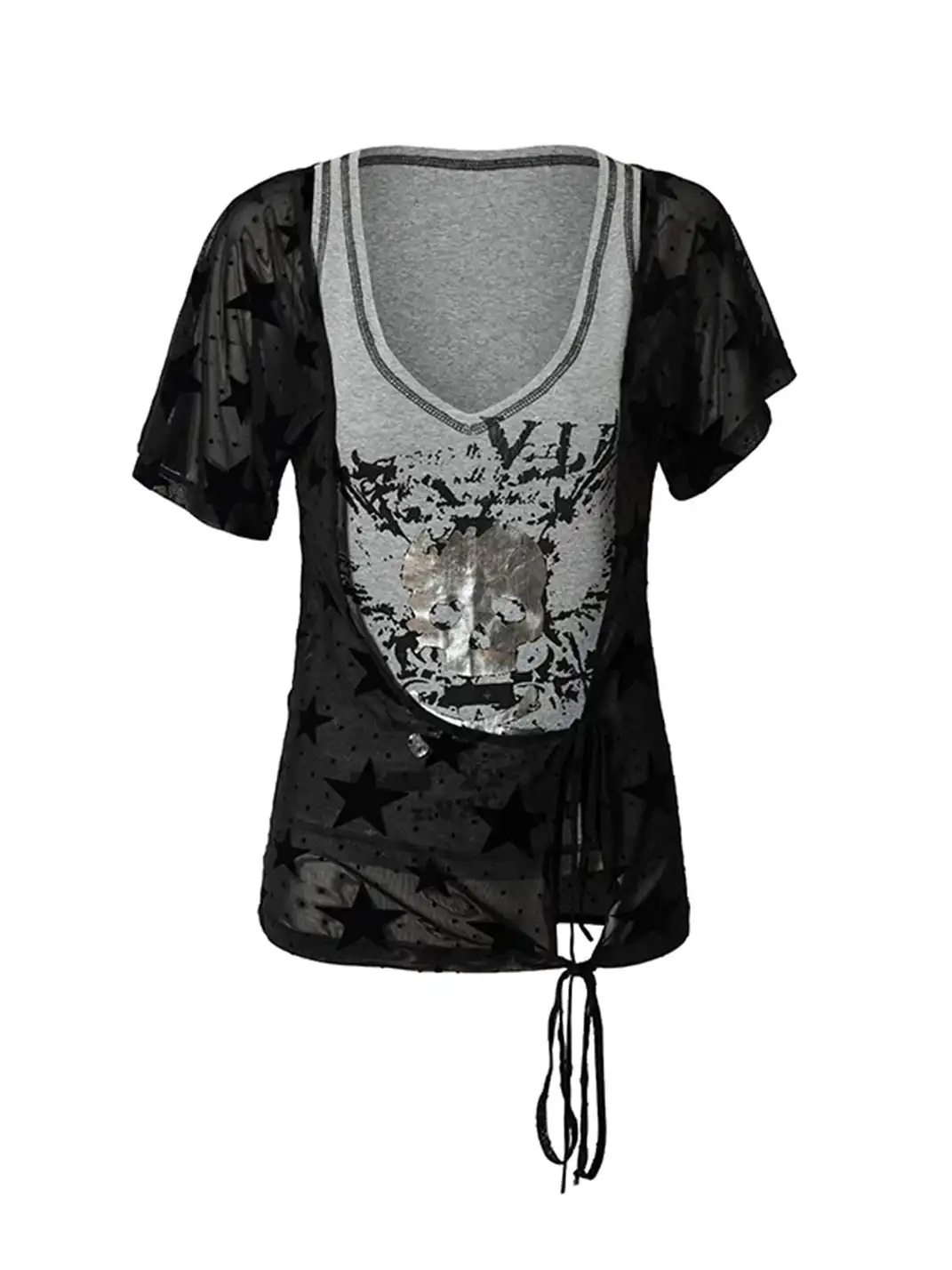 NO ROMANCE | Punk Fake Two-Piece Asymmetric Sleeve Printed T-Shirt
