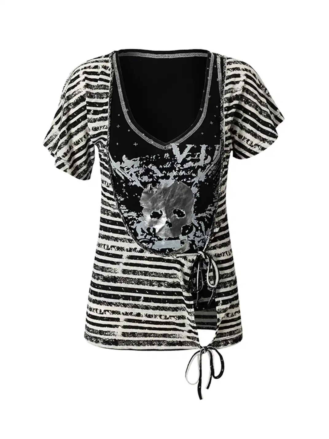 NO ROMANCE | Punk Fake Two-Piece Asymmetric Sleeve Printed T-Shirt