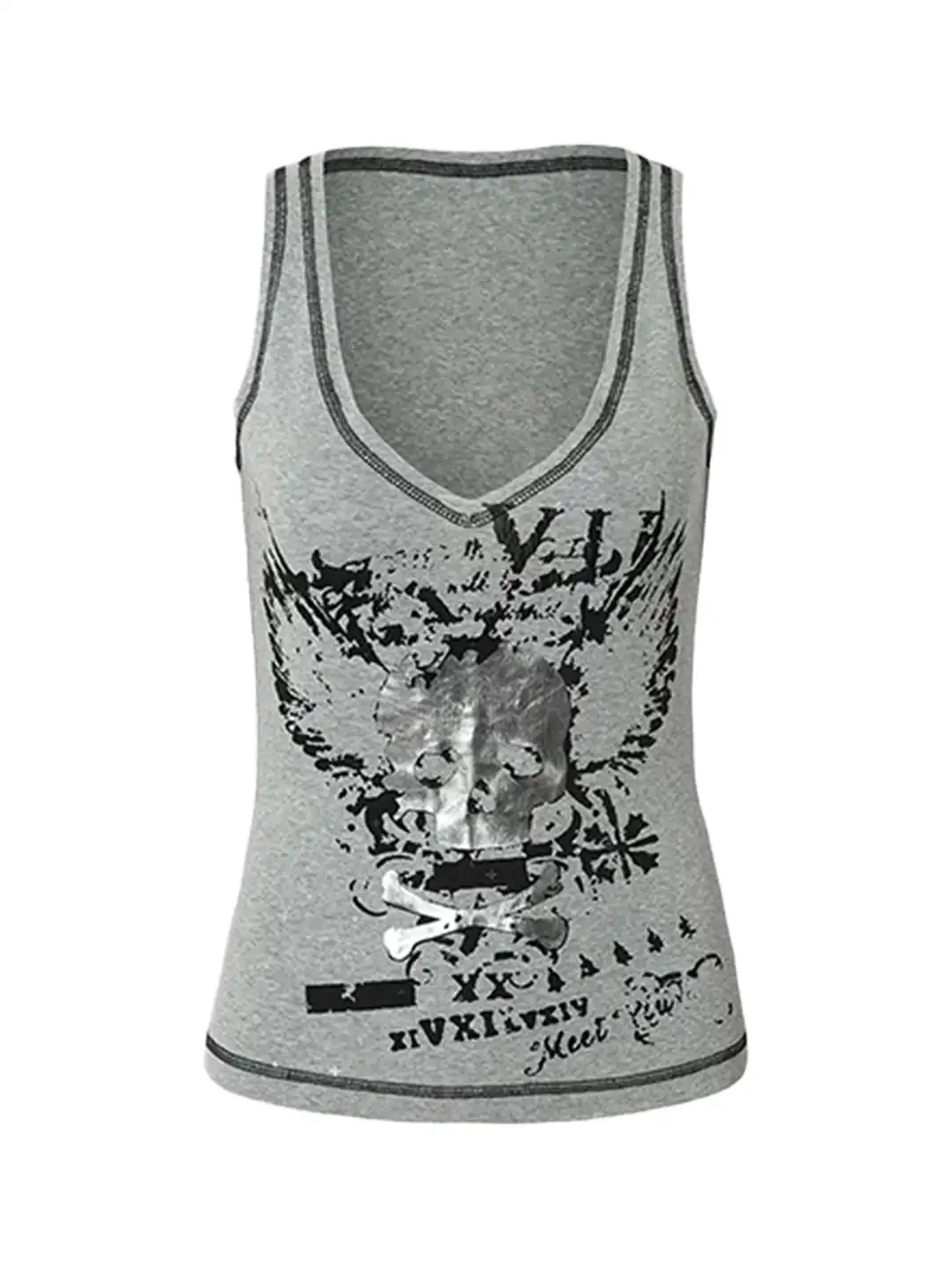 NO ROMANCE | Punk Fake Two-Piece Asymmetric Sleeve Printed T-Shirt