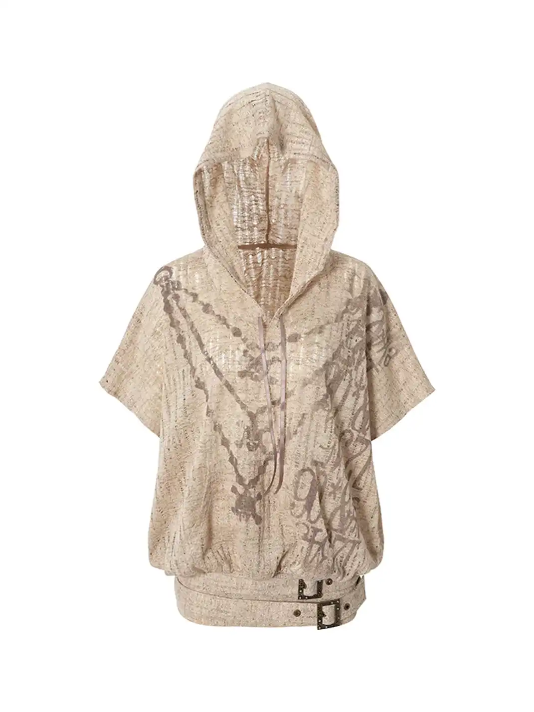 NO ROMANCE | Printed Ripped Knit Hooded T-Shirt