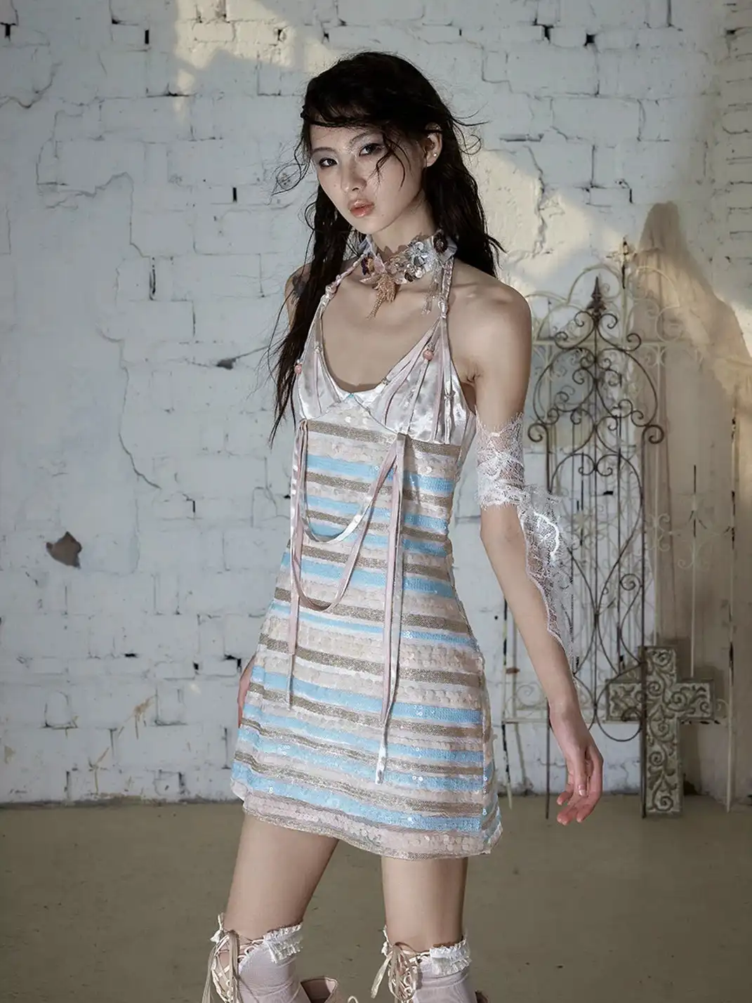 NO ROMANCE | Sequin Satin Halter Slip Dress