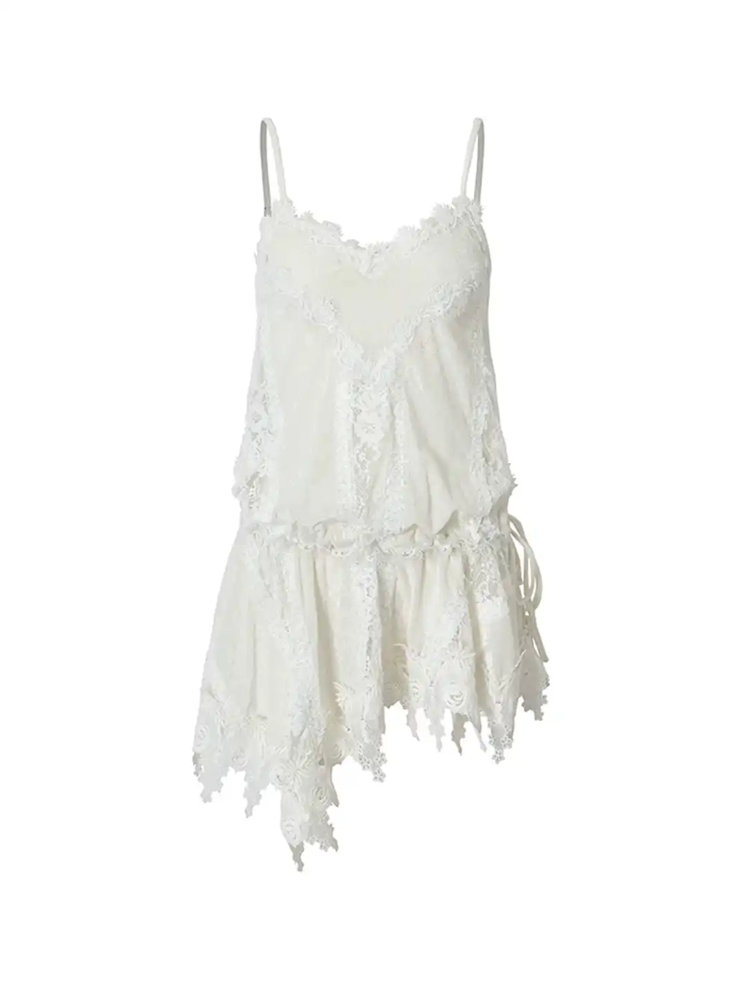 NO ROMANCE | Lace Trim Irregular Velvet Drawstring V-Neck Slip Dress