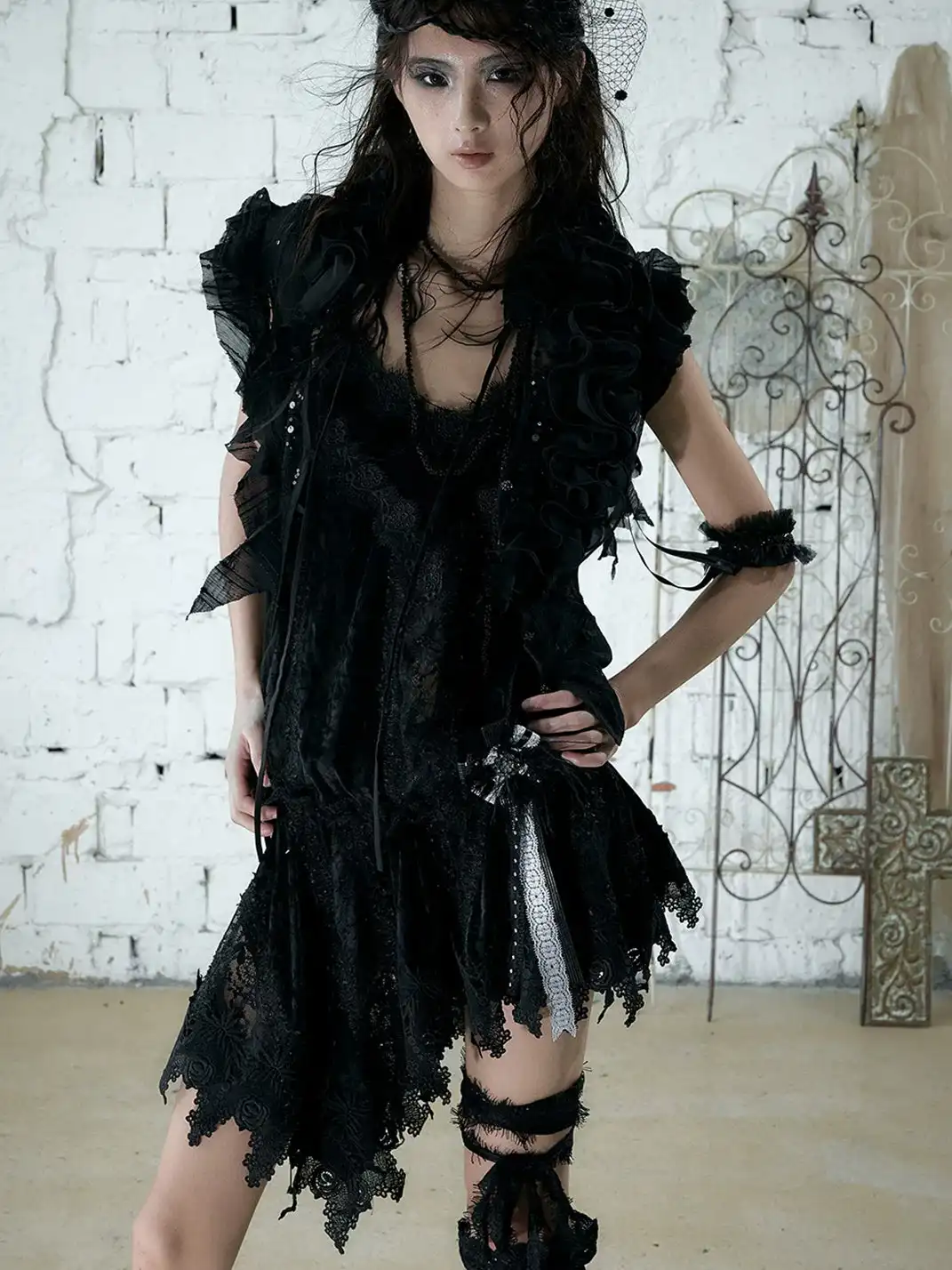 NO ROMANCE | Lace Trim Irregular Velvet Drawstring V-Neck Slip Dress