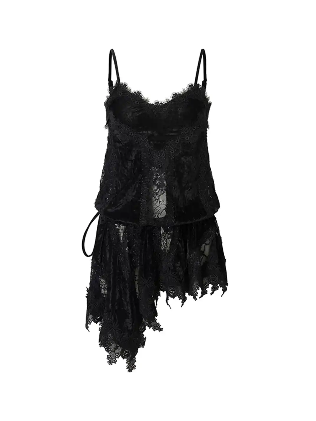 NO ROMANCE | Lace Trim Irregular Velvet Drawstring V-Neck Slip Dress
