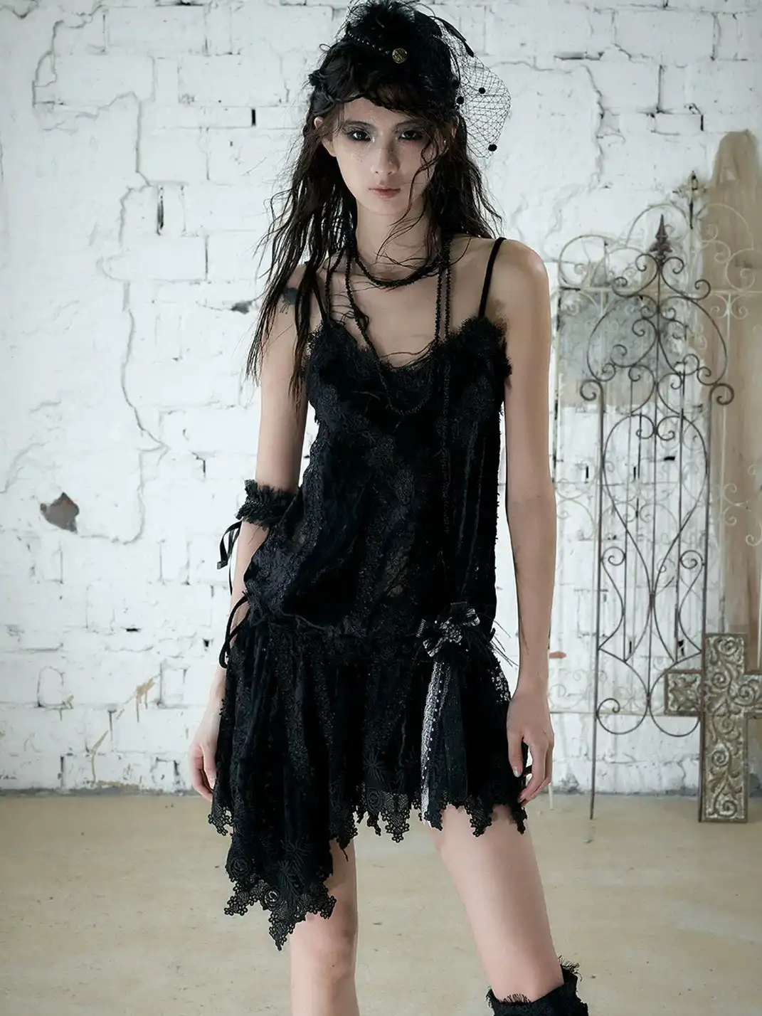 NO ROMANCE | Lace Trim Irregular Velvet Drawstring V-Neck Slip Dress