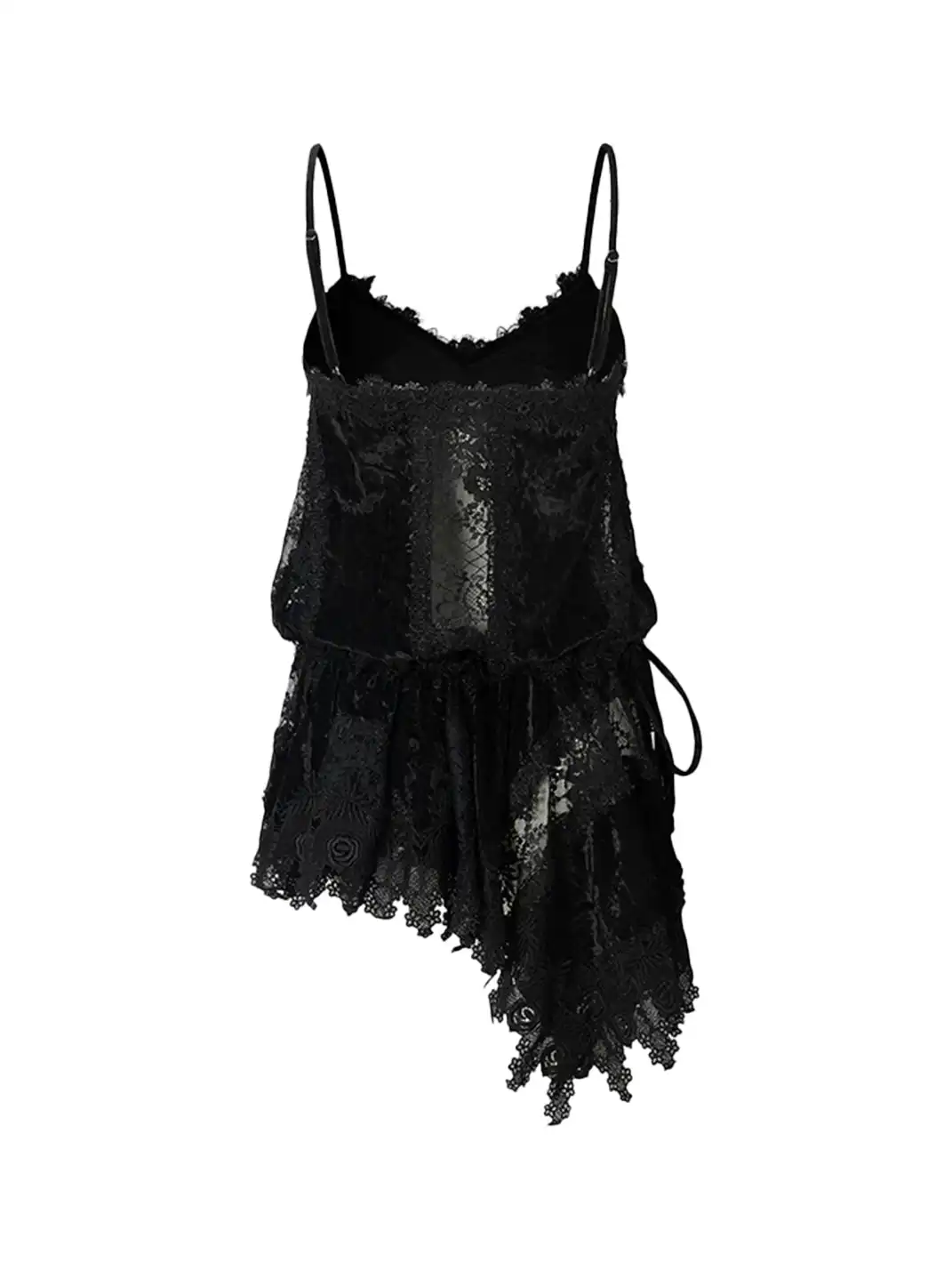 NO ROMANCE | Lace Trim Irregular Velvet Drawstring V-Neck Slip Dress