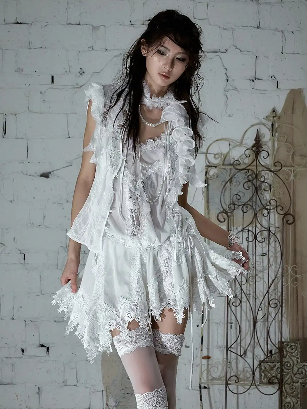 NO ROMANCE | Lace Trim Irregular Velvet Drawstring V-Neck Slip Dress