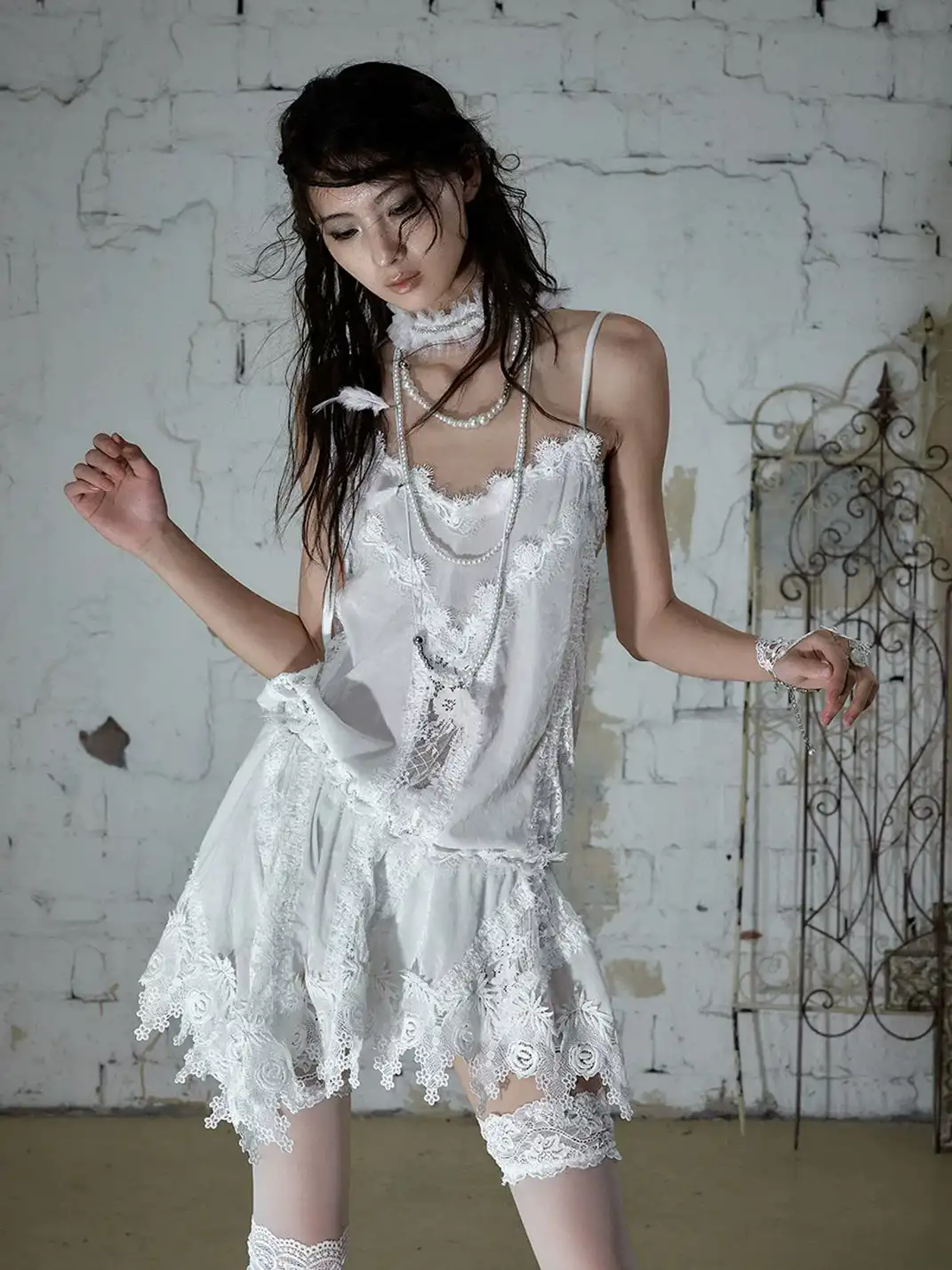 NO ROMANCE | Lace Trim Irregular Velvet Drawstring V-Neck Slip Dress