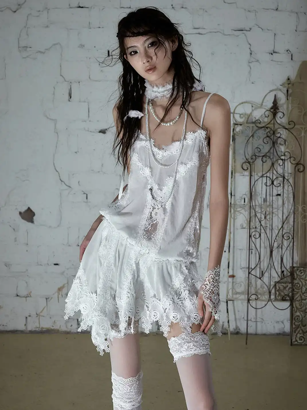 NO ROMANCE | Lace Trim Irregular Velvet Drawstring V-Neck Slip Dress