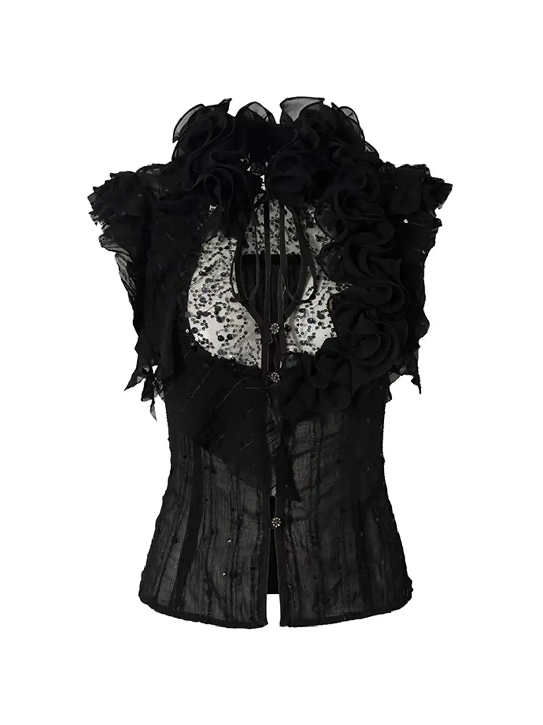 NO ROMANCE | Ruffled Sequin Spliced Waist Tie Top