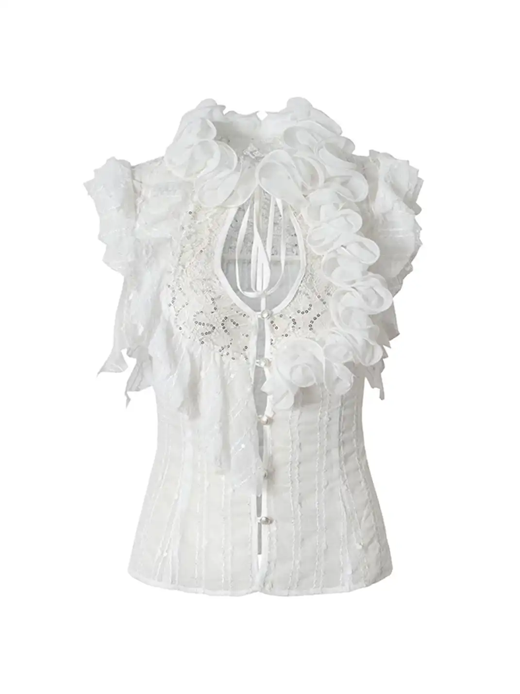 NO ROMANCE | Ruffled Sequin Spliced Waist Tie Top