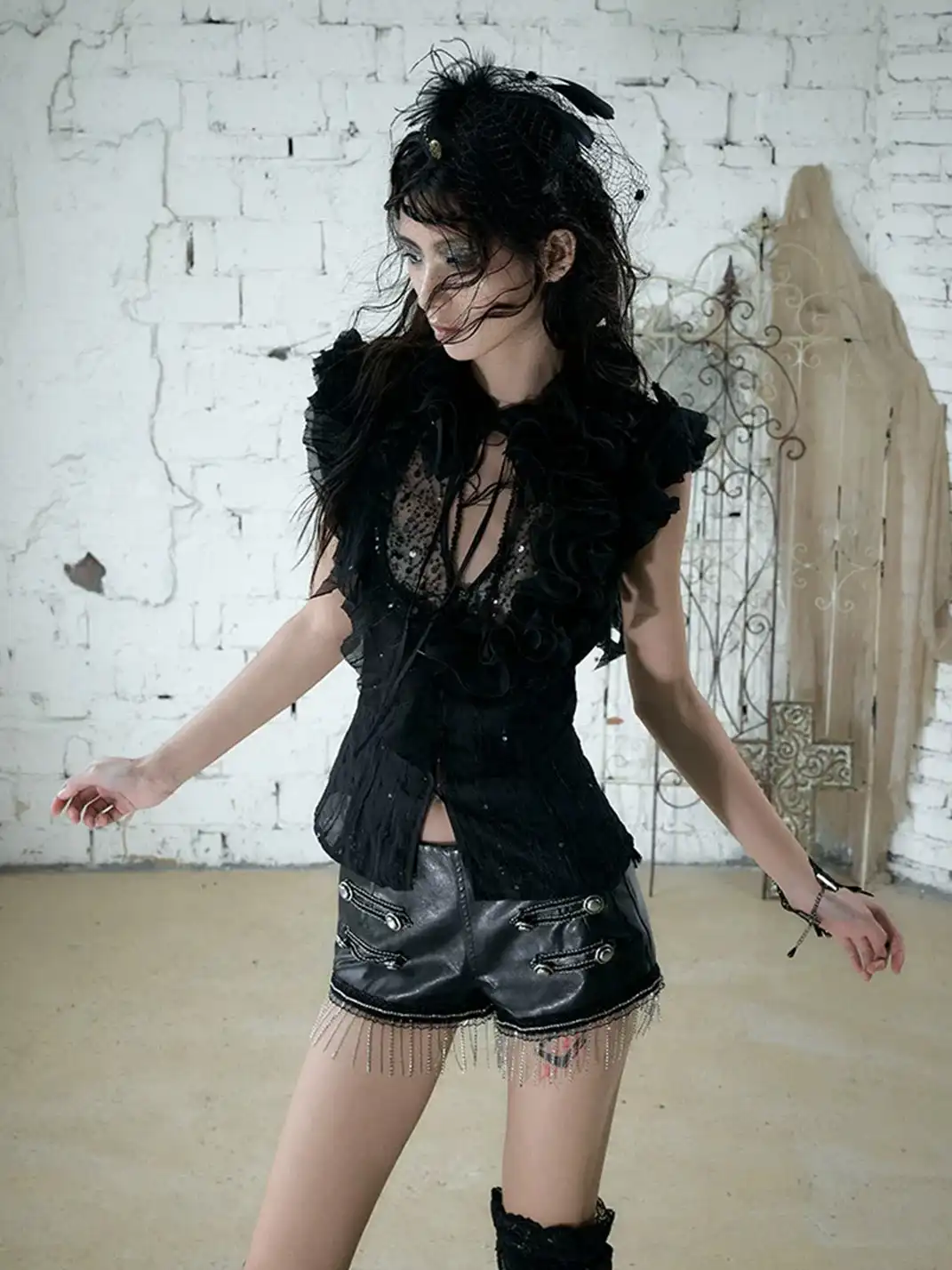 NO ROMANCE | Ruffled Sequin Spliced Waist Tie Top