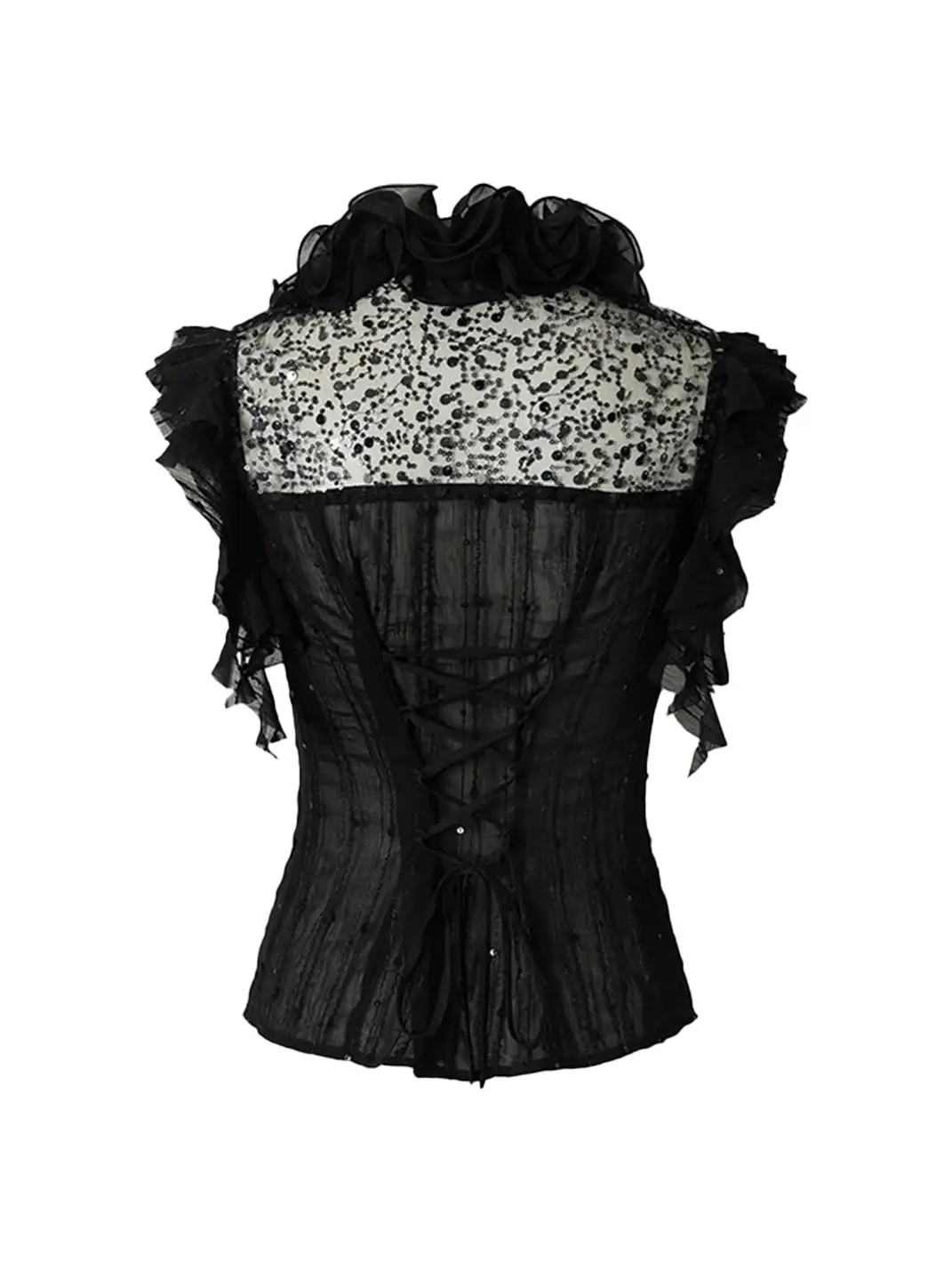 NO ROMANCE | Ruffled Sequin Spliced Waist Tie Top