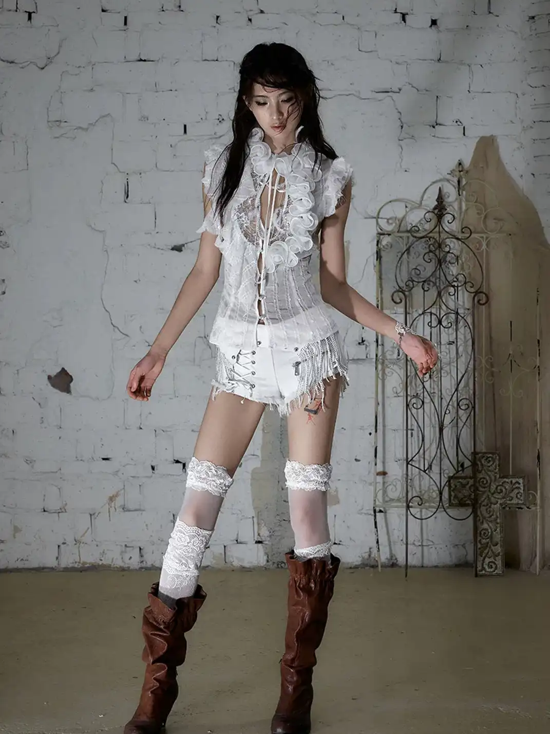 NO ROMANCE | Ruffled Sequin Spliced Waist Tie Top