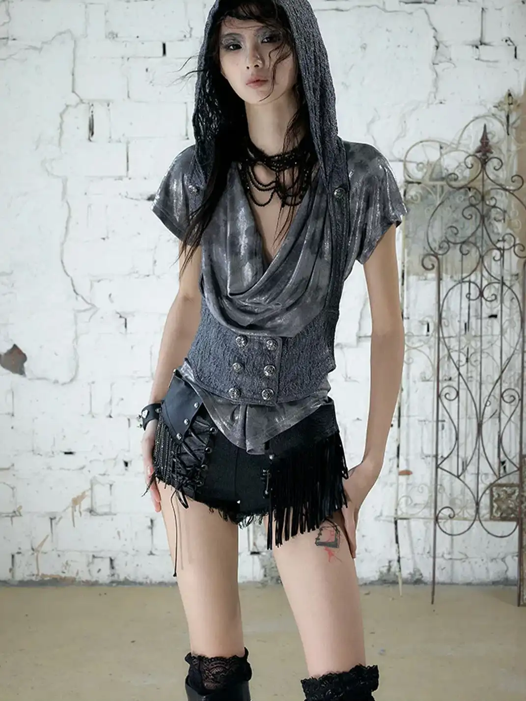 NO ROMANCE | Tassel Spliced Leather Low Waist Denim Hot Shorts