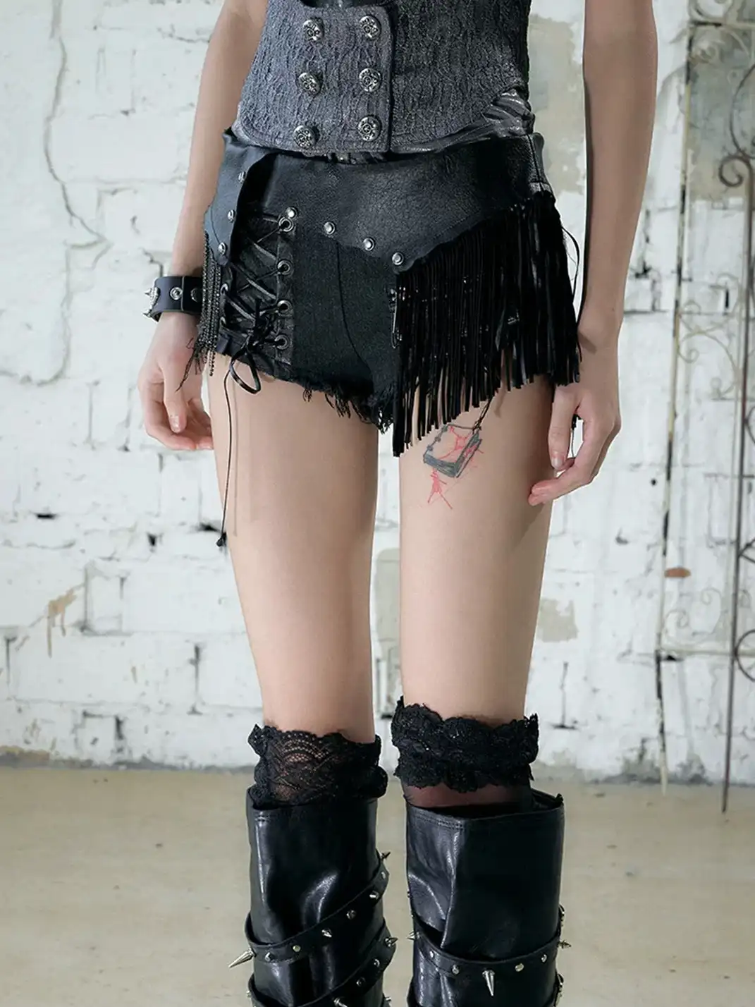 NO ROMANCE | Tassel Spliced Leather Low Waist Denim Hot Shorts