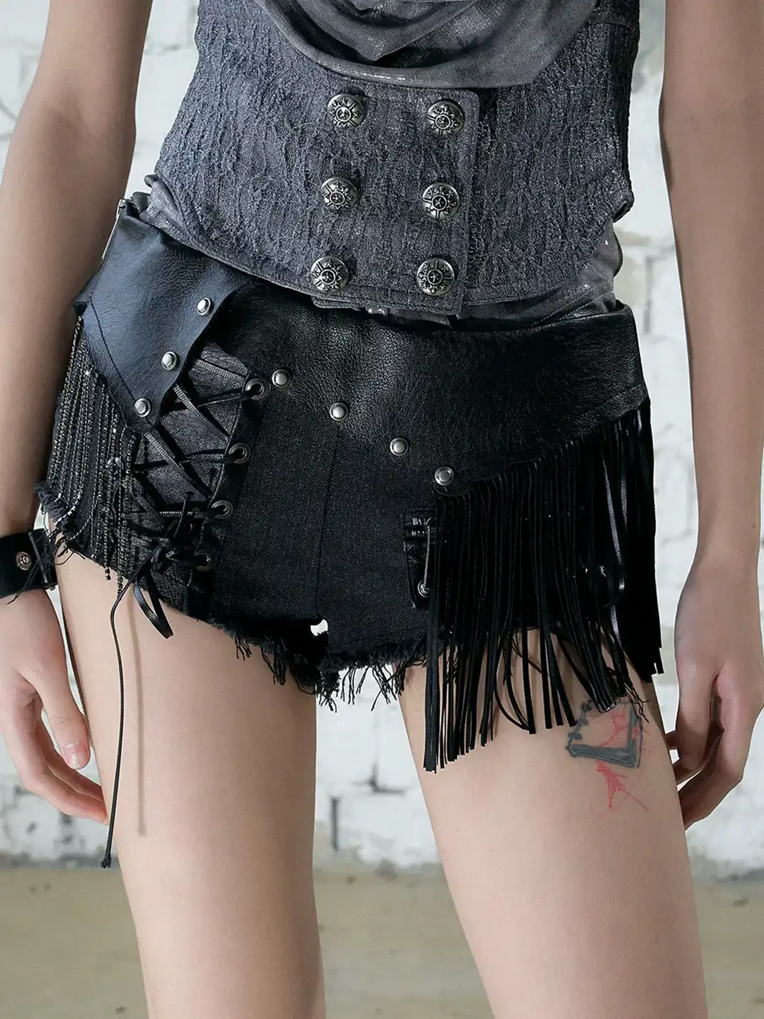 NO ROMANCE | Tassel Spliced Leather Low Waist Denim Hot Shorts