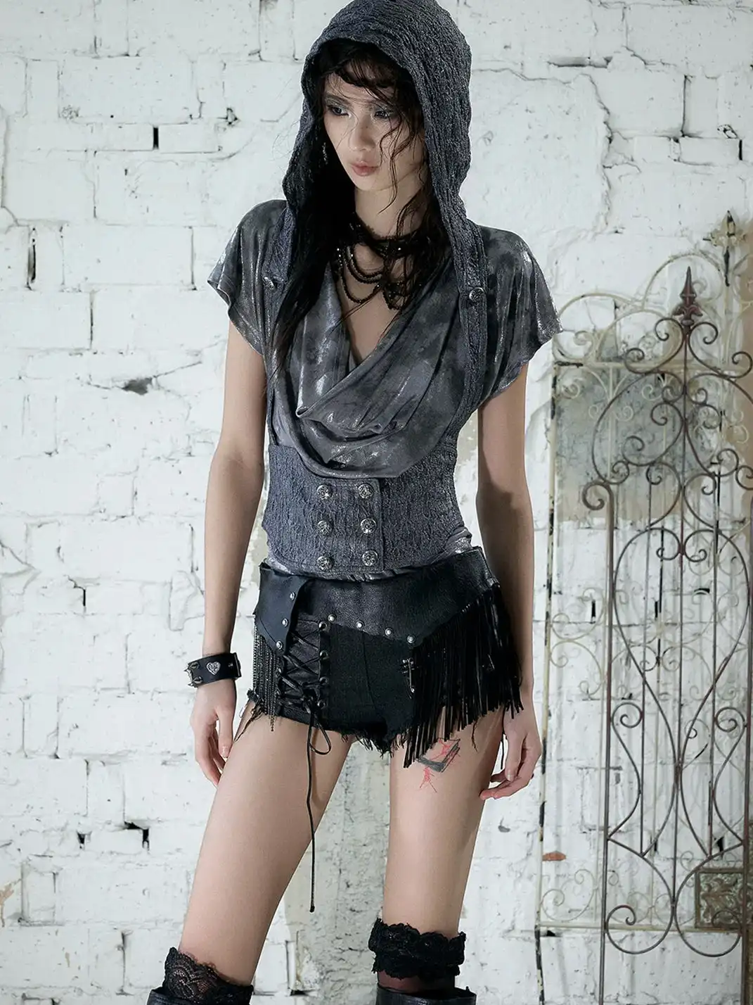 NO ROMANCE | Tassel Spliced Leather Low Waist Denim Hot Shorts