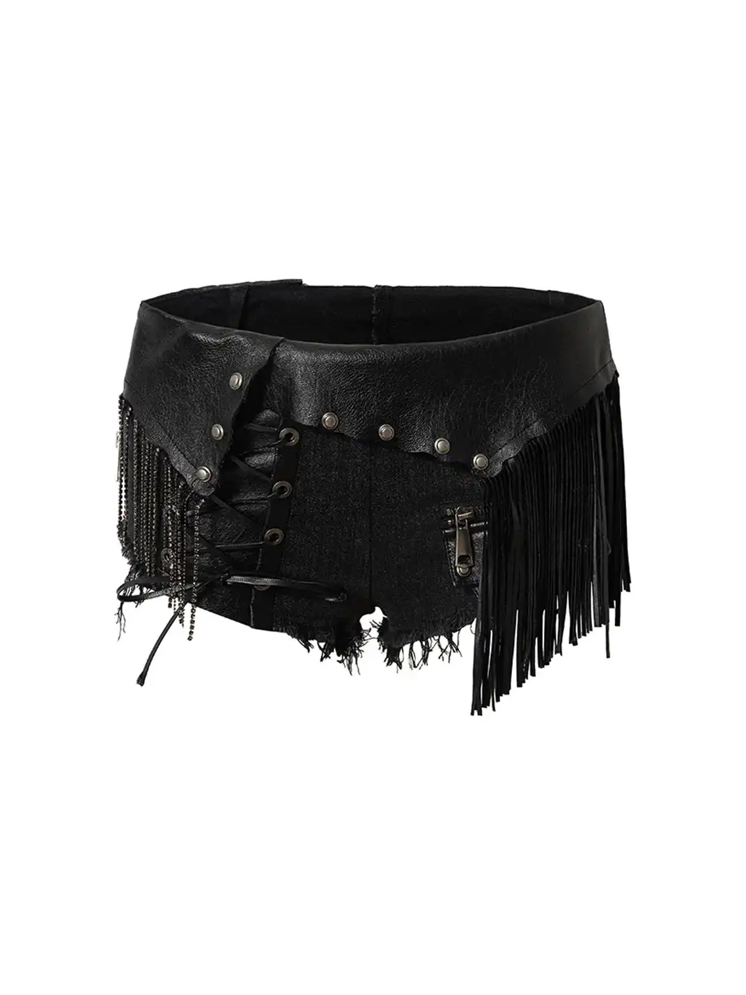 NO ROMANCE | Tassel Spliced Leather Low Waist Denim Hot Shorts
