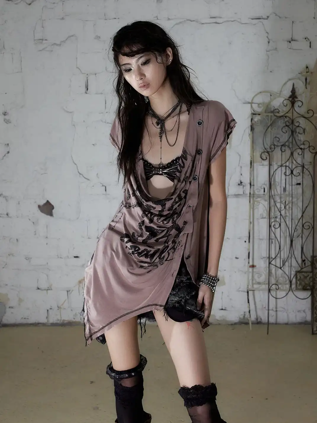 NO ROMANCE | Punk Printed Deep V Irregular Cowl Neck T-Shirt