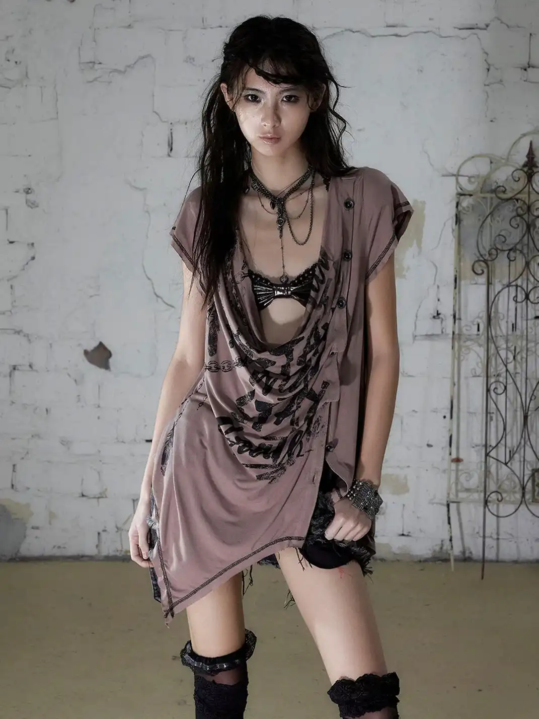 NO ROMANCE | Punk Printed Deep V Irregular Cowl Neck T-Shirt