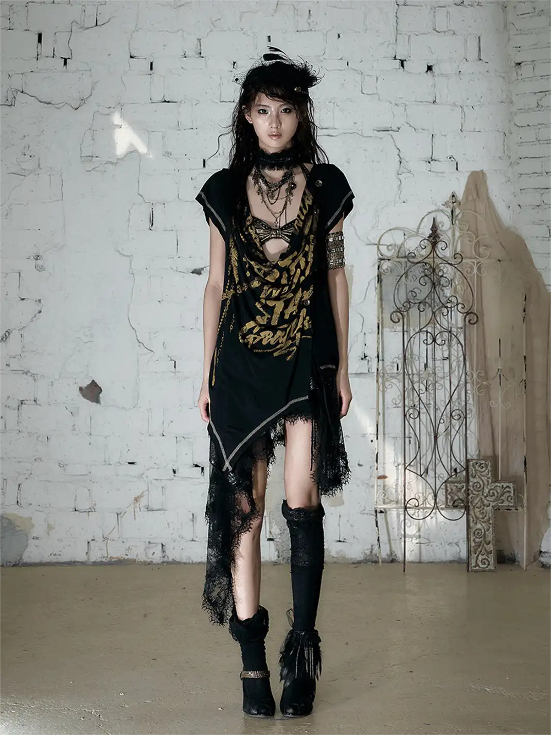 NO ROMANCE | Punk Printed Deep V Irregular Cowl Neck T-Shirt