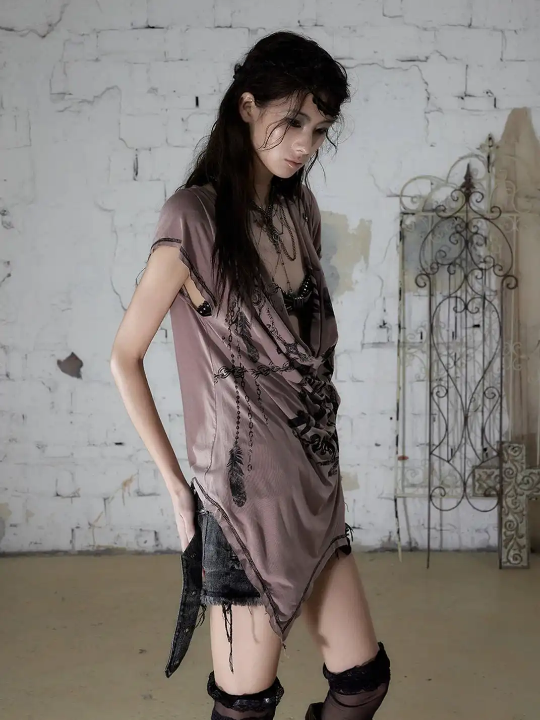 NO ROMANCE | Punk Printed Deep V Irregular Cowl Neck T-Shirt