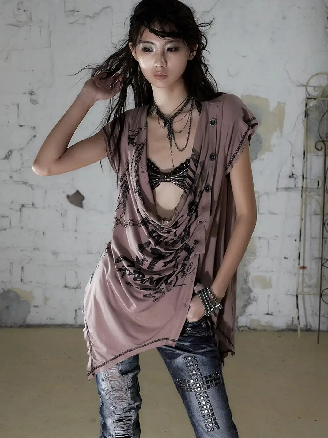 NO ROMANCE | Punk Printed Deep V Irregular Cowl Neck T-Shirt